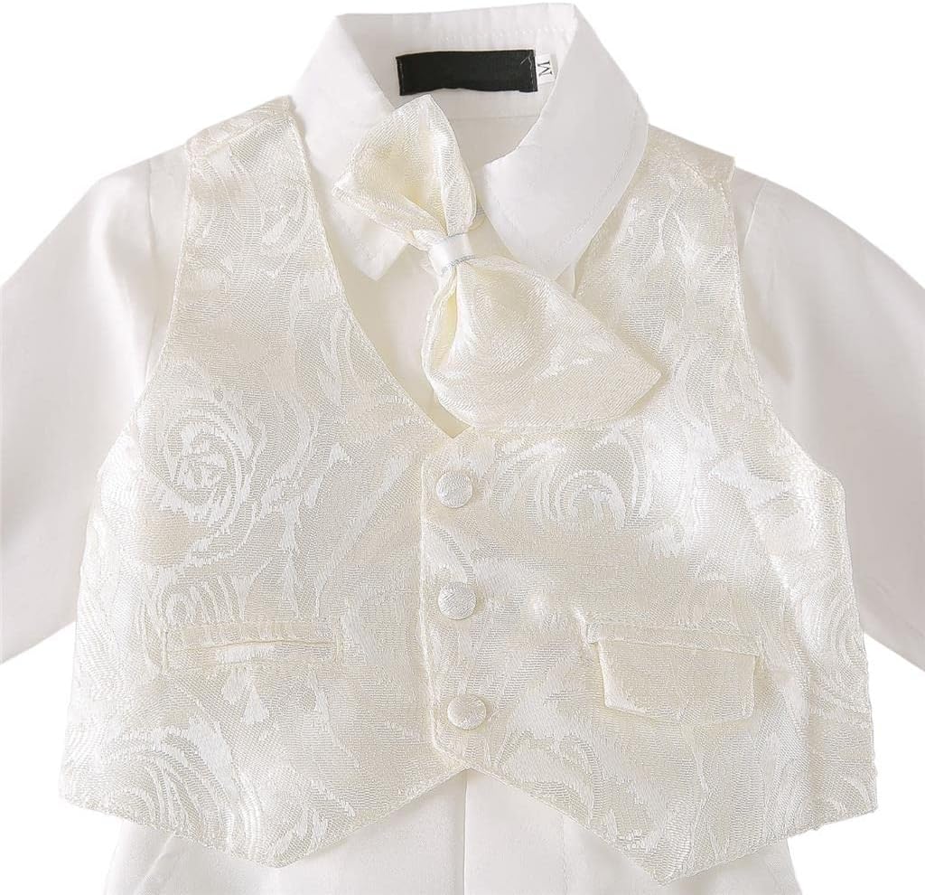 Infant Baby Boy Christening Baptism Outfit White Suit 5 Pieces Clothing Set with Bonnet Hat to