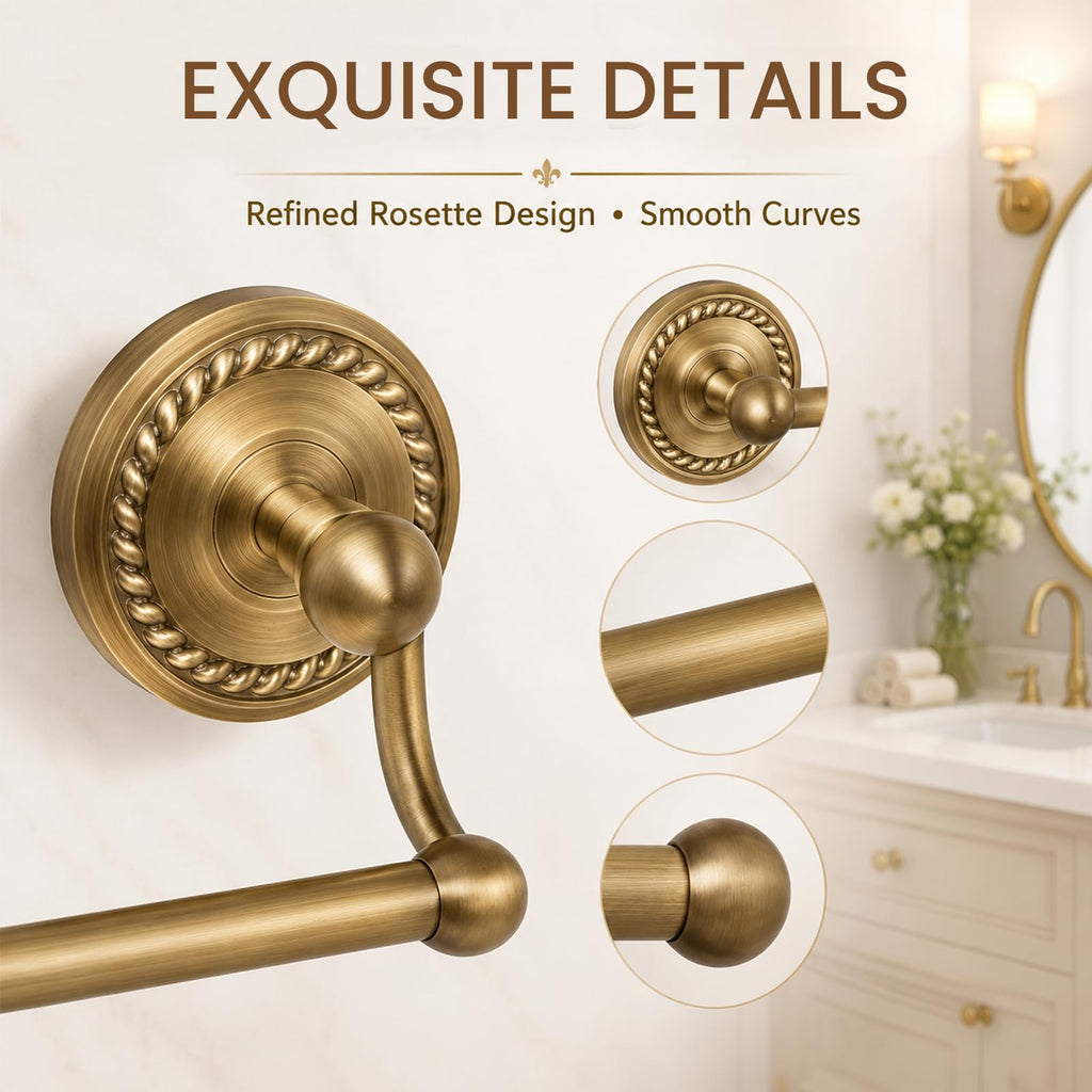 Antique Brass Bathroom Hardware Set 4 Piece, Vintage Brass Bath Accessories Kit with Double Towel Bar, Toilet Paper