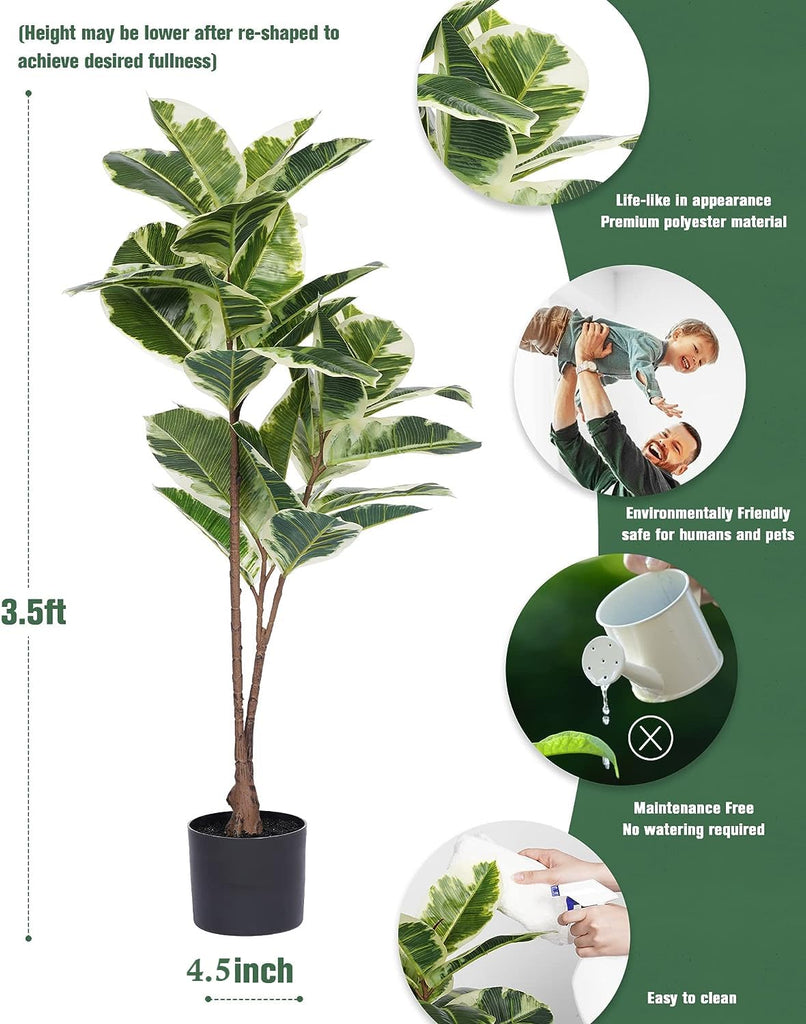 Artificial Rubber Tree Plant 43in Tall Faux Ficus Tree Potted Fake Tropical Decorative House Large Floor Artificial