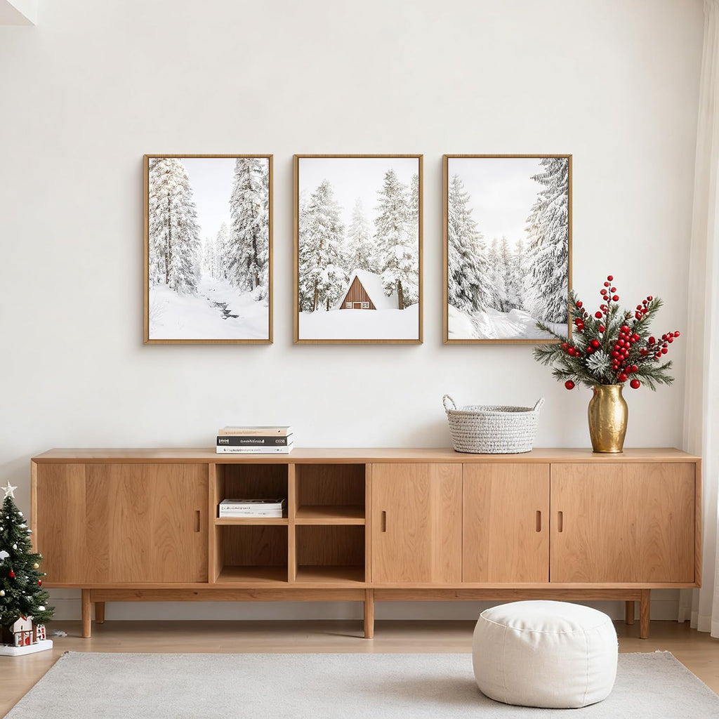 Christmas Snow Forest Framed Wall Art Set of 3, Large Winter Mountain Pine Tree Decor, Vintage White Cabin Landscape