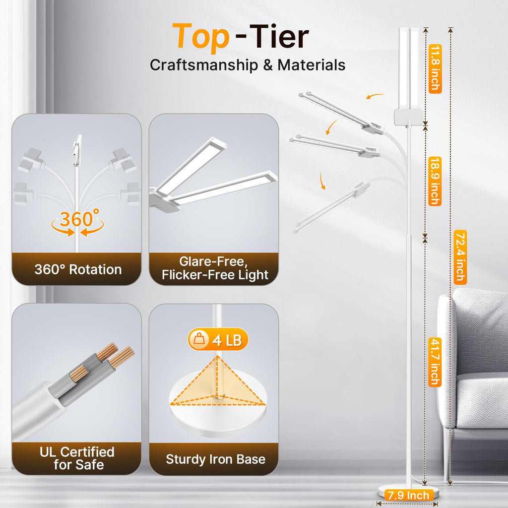 LED Floor Lamp, 18W Bright Reading Floor Lamp, Dual Head Gooseneck Standing Lamp, Smart Motion Sensor, Remote