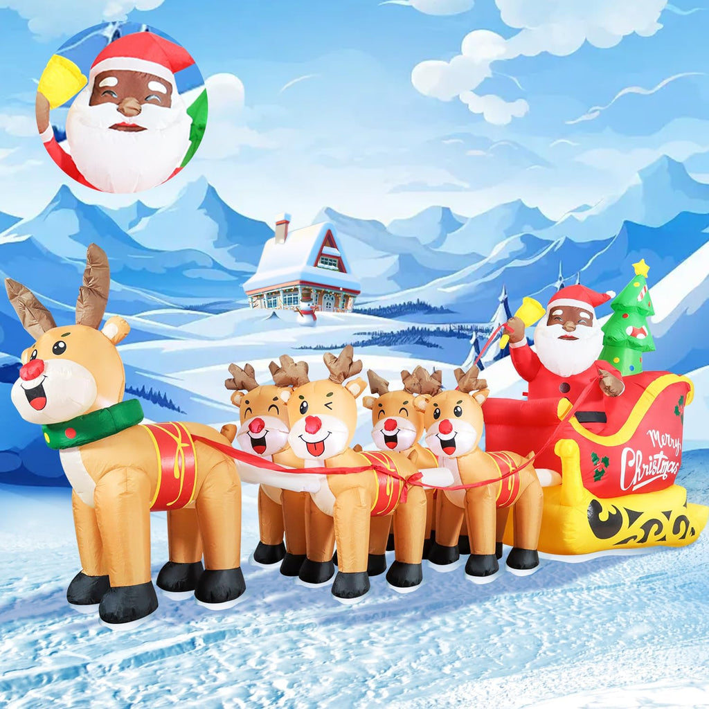 12FT Christmas Inflatables Black Santa Sleigh, Black Santa Claus on Sleigh with Five Reindeers Blow up Giant Yard