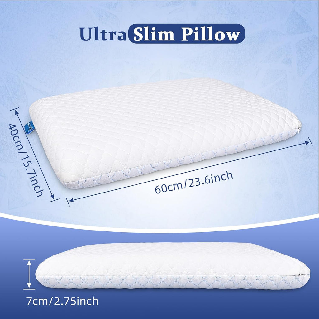 Ultra Thin Flat Pillows for Sleeping Standard Size Set of 2, Cooling Memory Foam Pillow 2.75 inch Height Ultra Thin