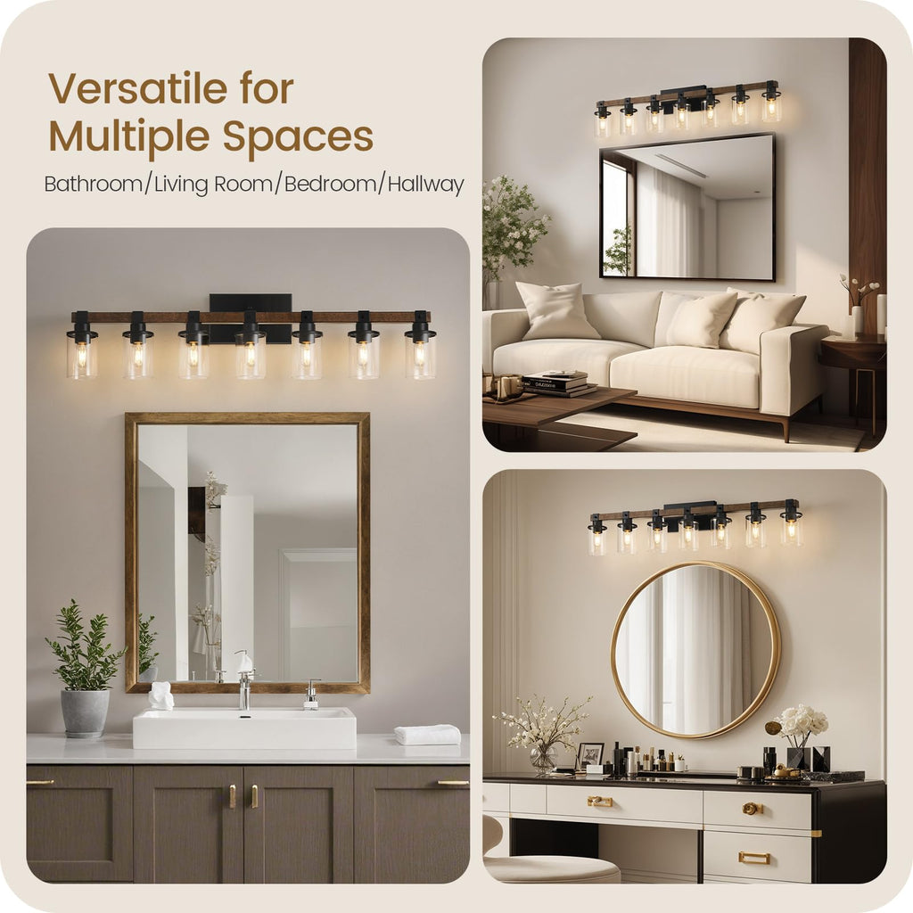 7-Light Bathroom Light Fixture, Farmhouse Vanity Lights with Glass Shade, Rustic Bathroom Light Fixtures, E26 Base