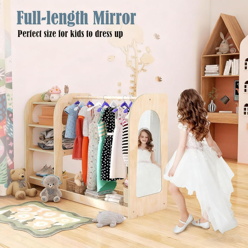 Kids Dress Up Storage with Mirror, Wooden Kids Dress Up Rack for Little Girls and Boys, Kid Wardrobe Closet with