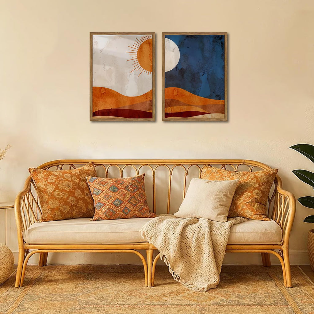 Framed Boho Sun and Moon Canvas Wall Art Set of 2, Vintage Western Desert Landscape Wall Decor Paintings, Mid Century