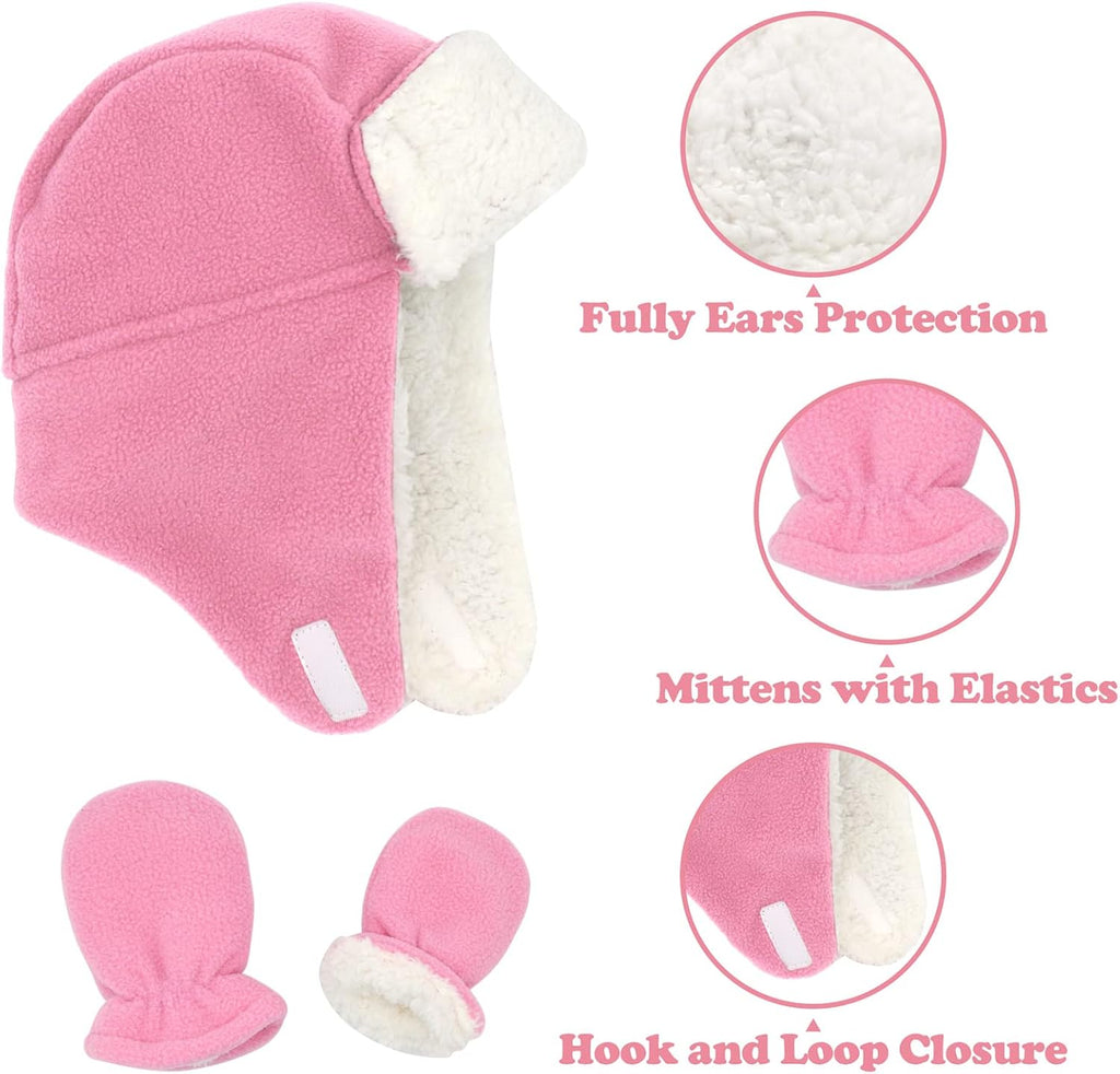 Baby Winter Hat Mittens Toddler Hats for Boys Girls Sherpa Lined Toddler Gloves Infant Baby Hat and Mitten Set