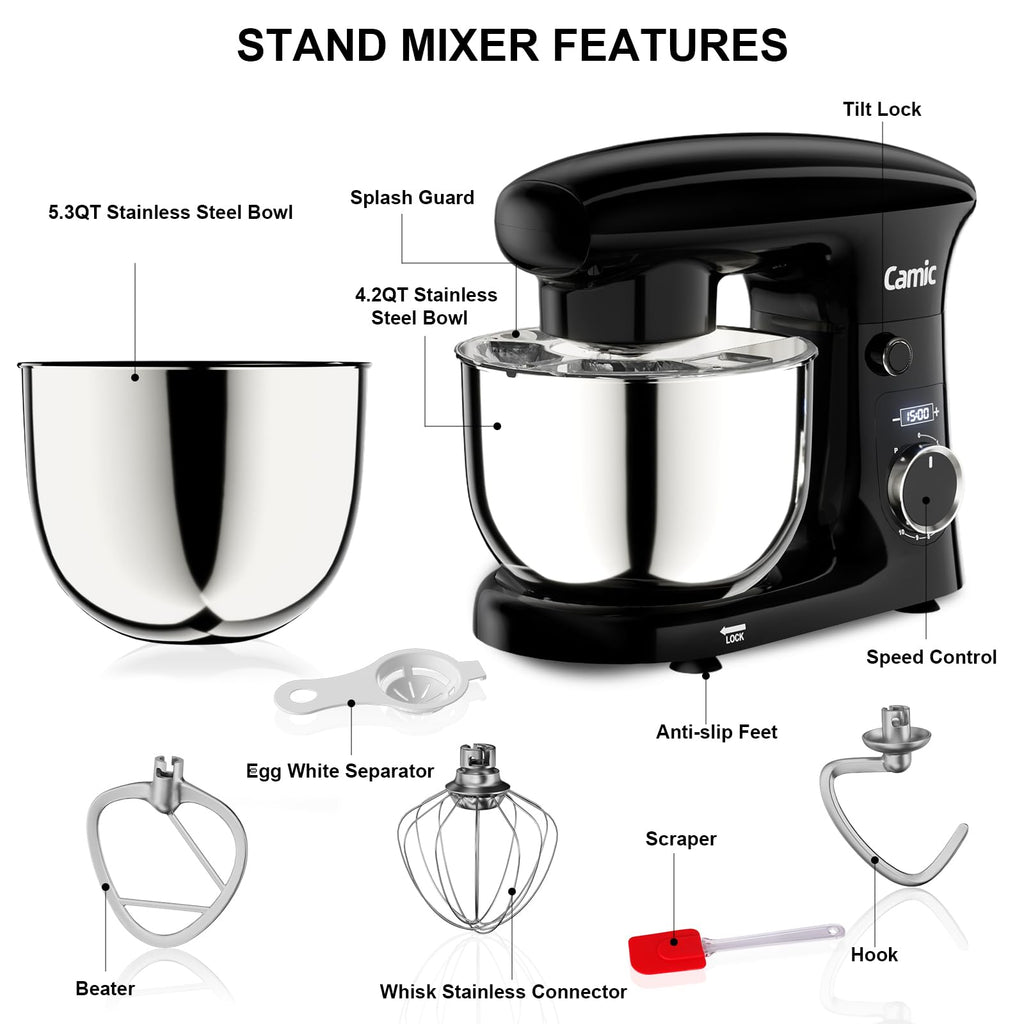 Stand Mixer, 4.2QT+5.3QT Two bowls Electric Mixer,Black