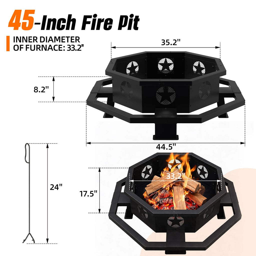45 Inch Fire Pit for Outside Wood Burning, Outdoor Octagonal Fire Pit with Poker, Large Firepit for Camping