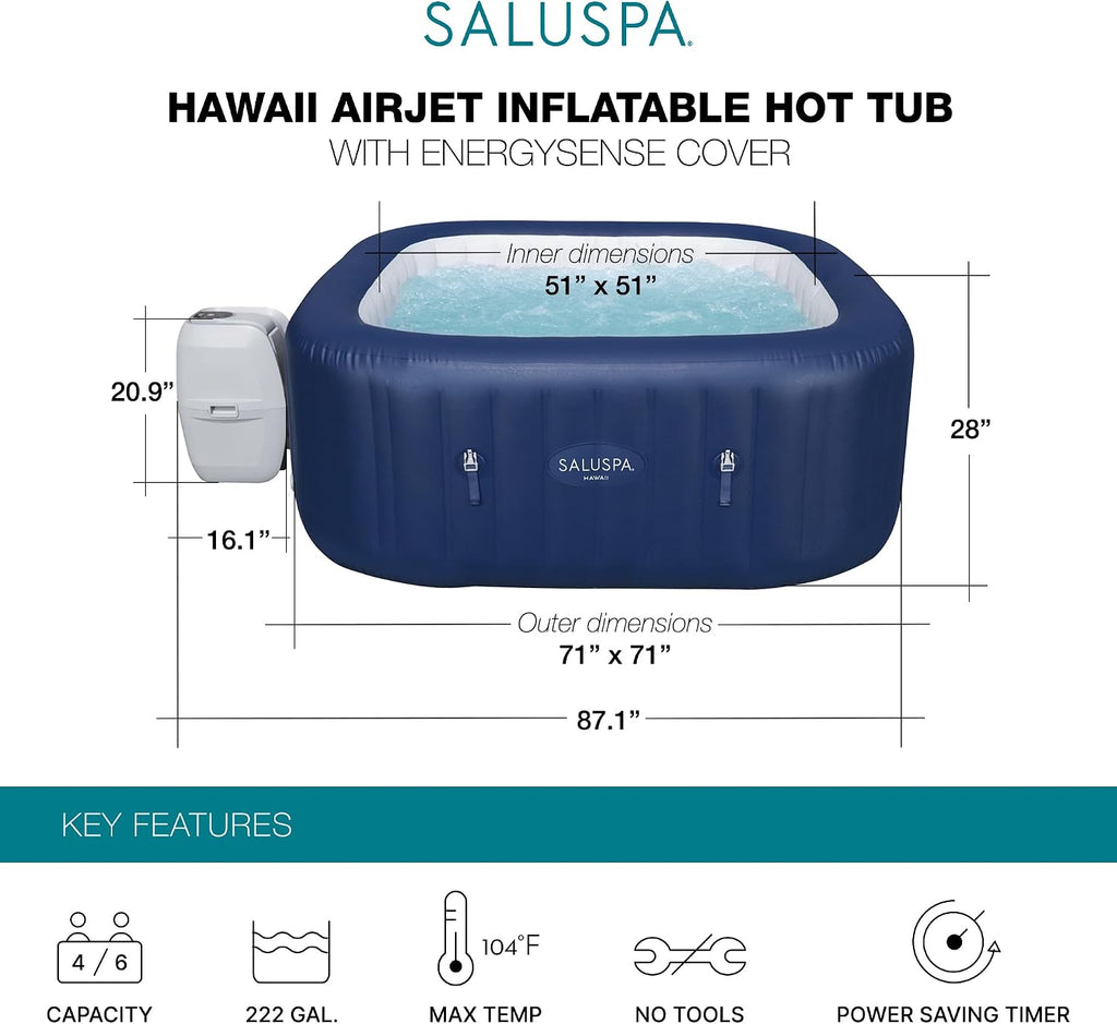 Hawaii AirJet Inflatable 6 Person Square Hot Tub with EnergySense Cover, Bundled with 2 Non-Slip Underwater Pool and