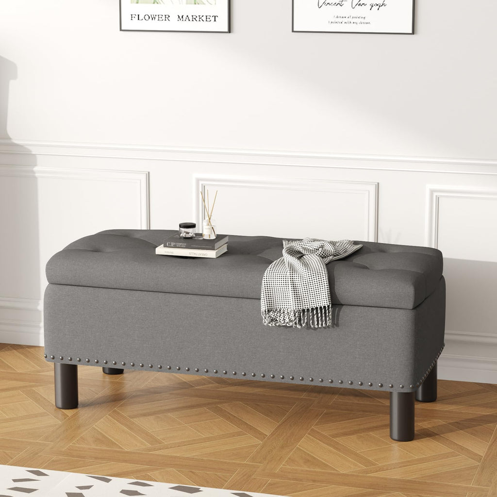 Storage Bench, Upholstered Linen Ottoman Bench with Button-Tufted, Folding Bedroom Bench with Wood Legs, Entryway