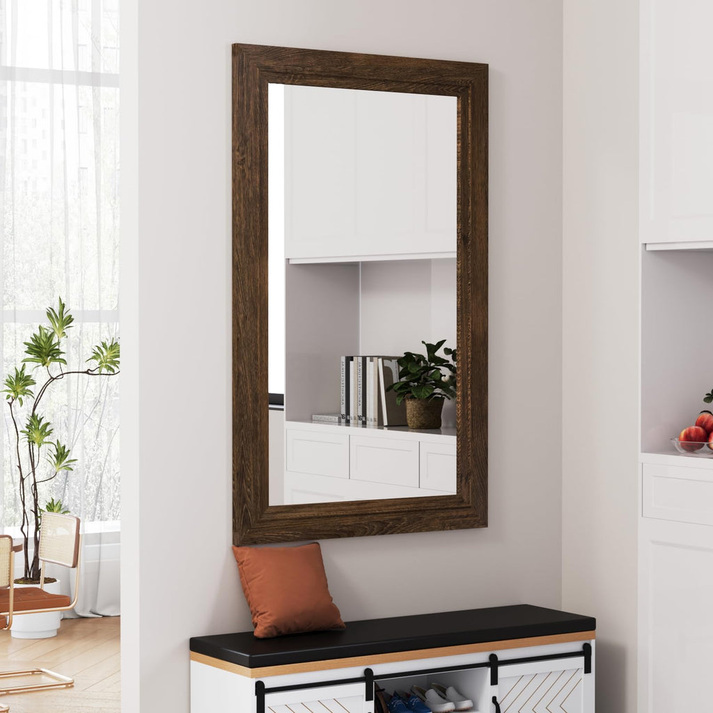 Rustic Wall-Mounted Vanity Mirror, Solid Wood Frame Bathroom Mirror, Farmhouse Style, Horizontal/Vertical Hanging
