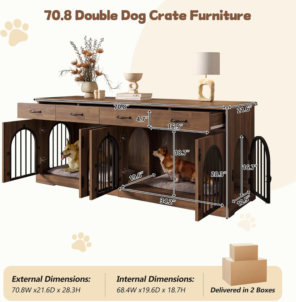 Dog Crate Furniture TV Stand for 2 Dogs, Brown