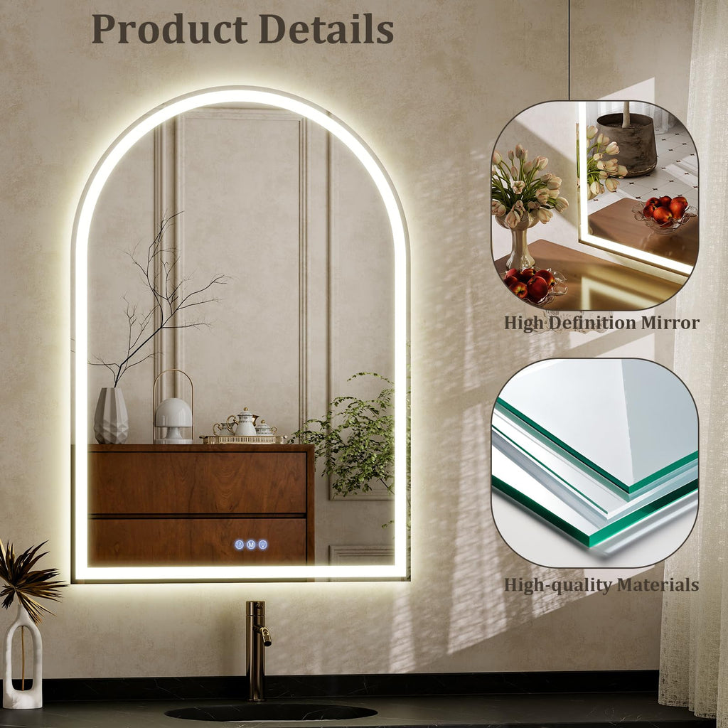 48x30 LED Arch Bathroom Mirror with Lights, Backlit + Front Lit
