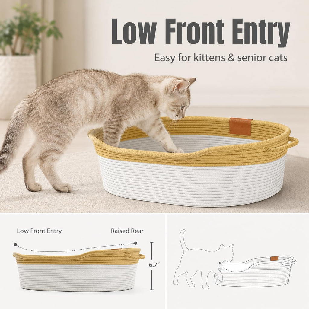 Handwoven Cotton Rope Cat Basket Bed, Oval Wicker Cat Bed with Toy Ball & Handles (L Size for Cats Up to 18