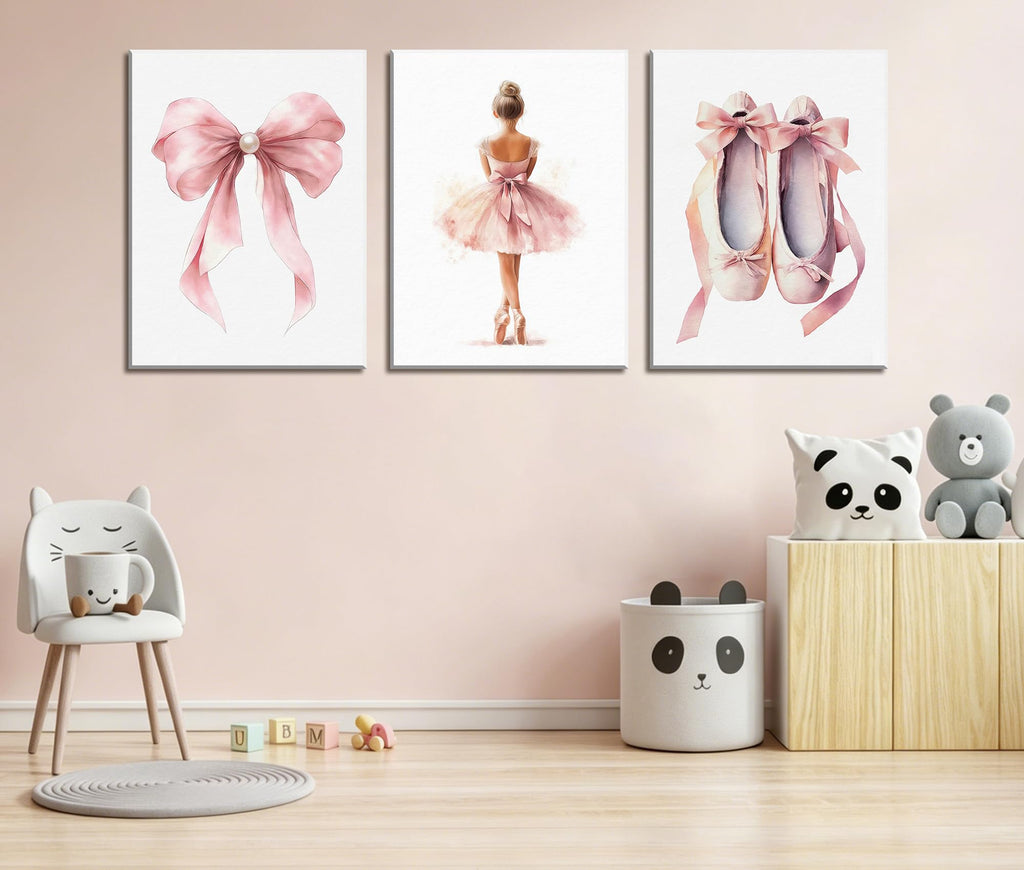 3-Piece Pink Ballet Girl Canvas Wall Art, 12x16 Inch