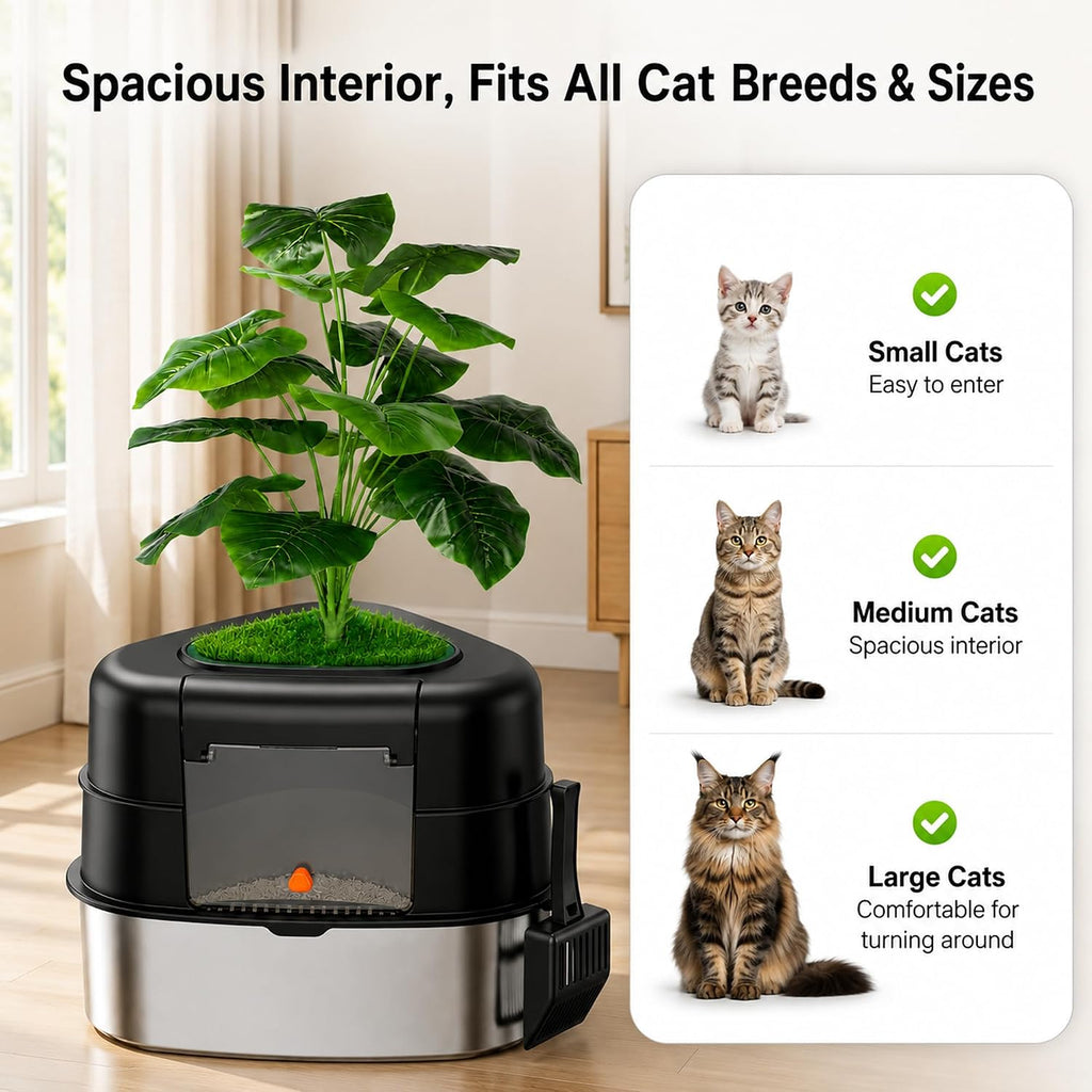 Hidden Corner Cat Litter Box with Faux Plant, Stainless Steel Interior, Covered Odor-Control Enclosure-Black
