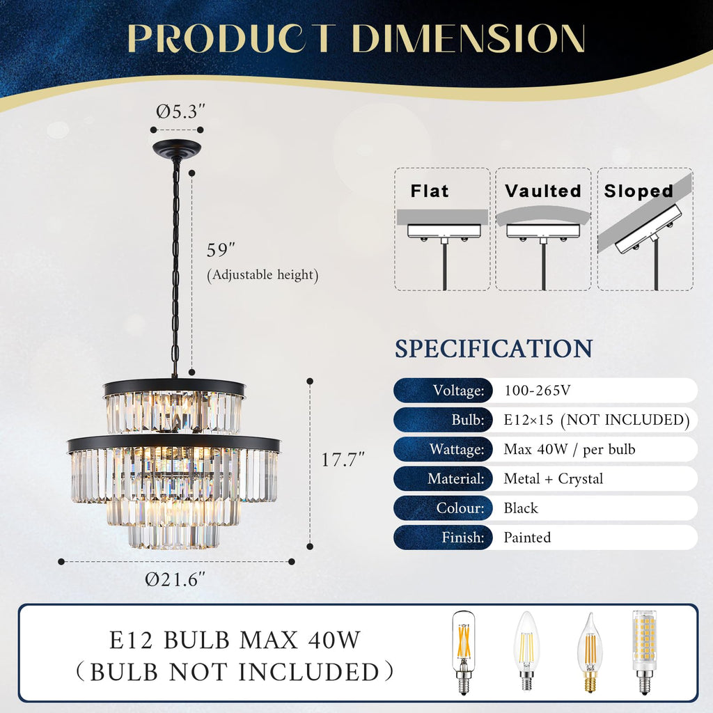 Black Crystal Chandeliers 15 Lights 22" Luxury Round Chandelier