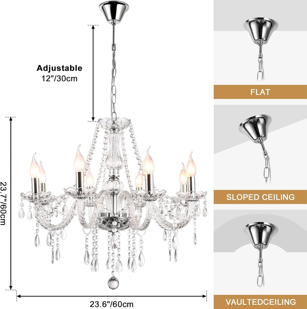 Modern Elegant 8 Lights K9 Crystal Glass Chandelier Silver Pendant Ceiling Lighting European Style for Dining Living Room Bedroom Transparent, 8 E12 Bulbs Required A110-B0DRF5YS32