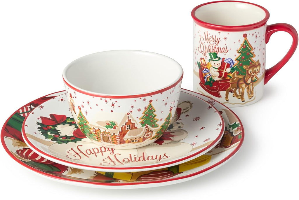 Santa's Retro Christmas 16 pc Dinnerware Set, Service for Holiday Plates, Bowls & Mugs with Vintage Santa