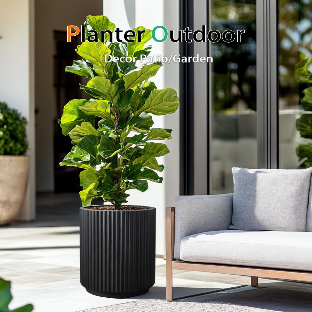 Round Concrete Planter Outdoor Indoor, Large Cement Plant Pots for Flowers (Vertical Black, 12 inch)
