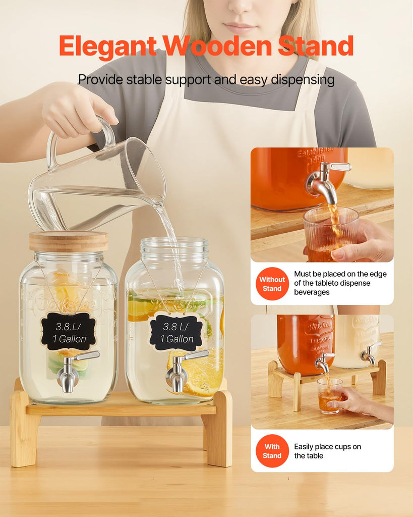 Beverage Dispenser, 2 Pack 1 Gallon Drink Dispensers for Parties, Glass Juice Dispenser with Wood Stand, Stainless