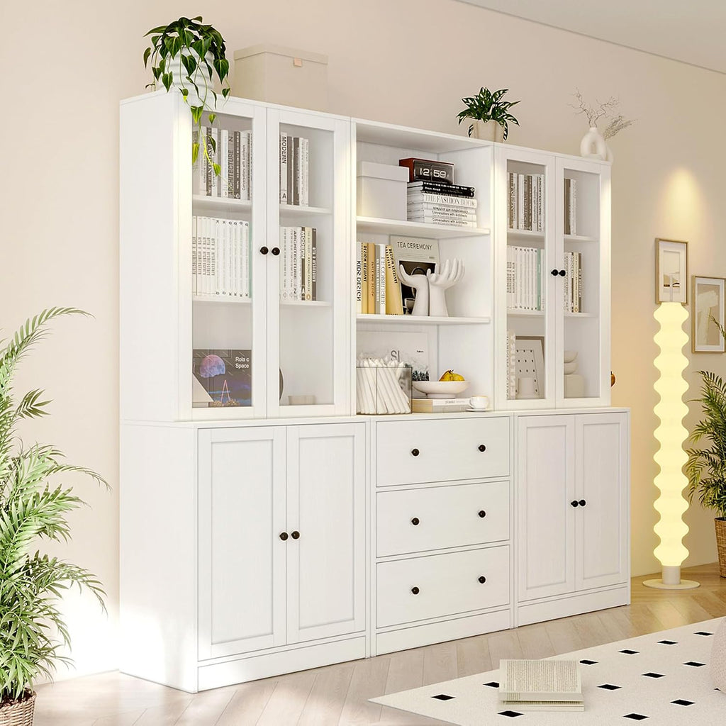 71" H Bookshelf with Storage, 6-Tier Modern Bookshelves with 3 Large Drawer, Display Bookcase with Glass Doors
