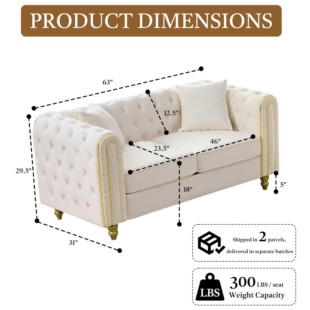 Chesterfield 63" Loveseat White Velvet Sofa, 2-Seater Couch Comfy Velvet Sofa, Button Tufted Rolled Arms and Gold