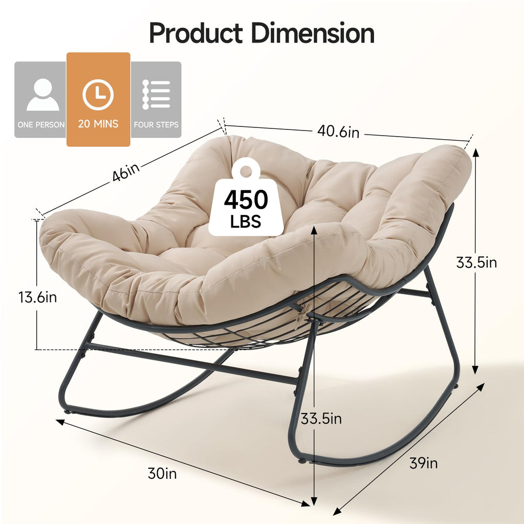 Papasan Rocking Chair, Oversized Outdoor Egg Chair with Thick Cushion