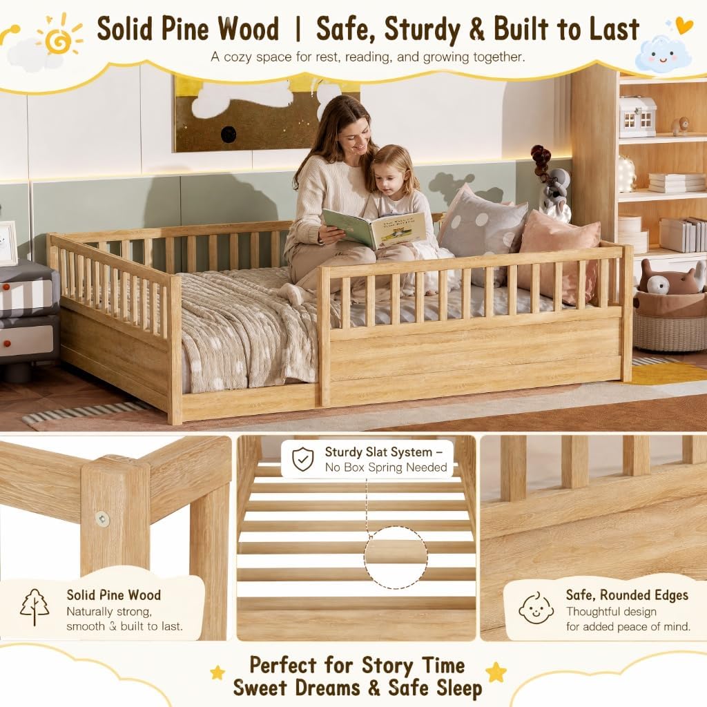 Floor Bed Frame with 21.4" High Fence, Solid Wood Montessori Floor Bed for Kids, Low to Ground
