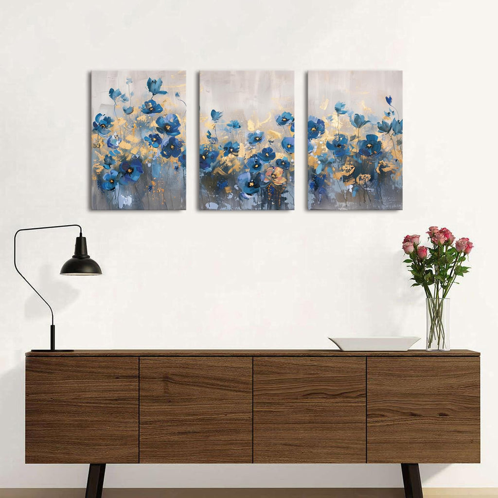 Abstract Blue Flower Wall Art Navy Blue and Gold Floral Wall Decor Modern Gold Blue Wildflower Canvas Prints Decor