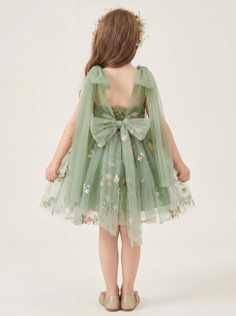 Flower Girl Dress Floral Embroidered Toddler Girls Dresses Fairy Tulle Dress for Wedding Birthday Party Photo Shoot
