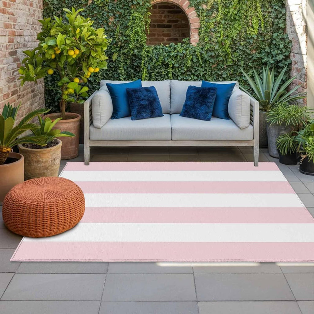 Modern Pink White Stripe Outdoor Rug,Minimalist Line Art Waterproof Non-Slip Area Rug Washable Indoor Outdoor