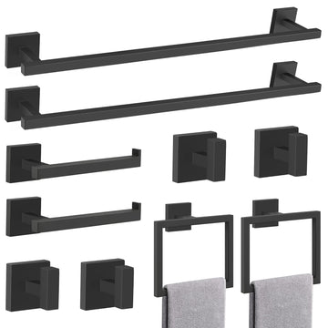Matte Black Bathroom Hardware Accessories Set 10 Pieces, 23.6" Stainless Steel Towel Bar Set Wall Mounted