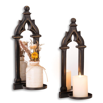 Black Gothic Candle Sconces Set of 2 with Real Mirror