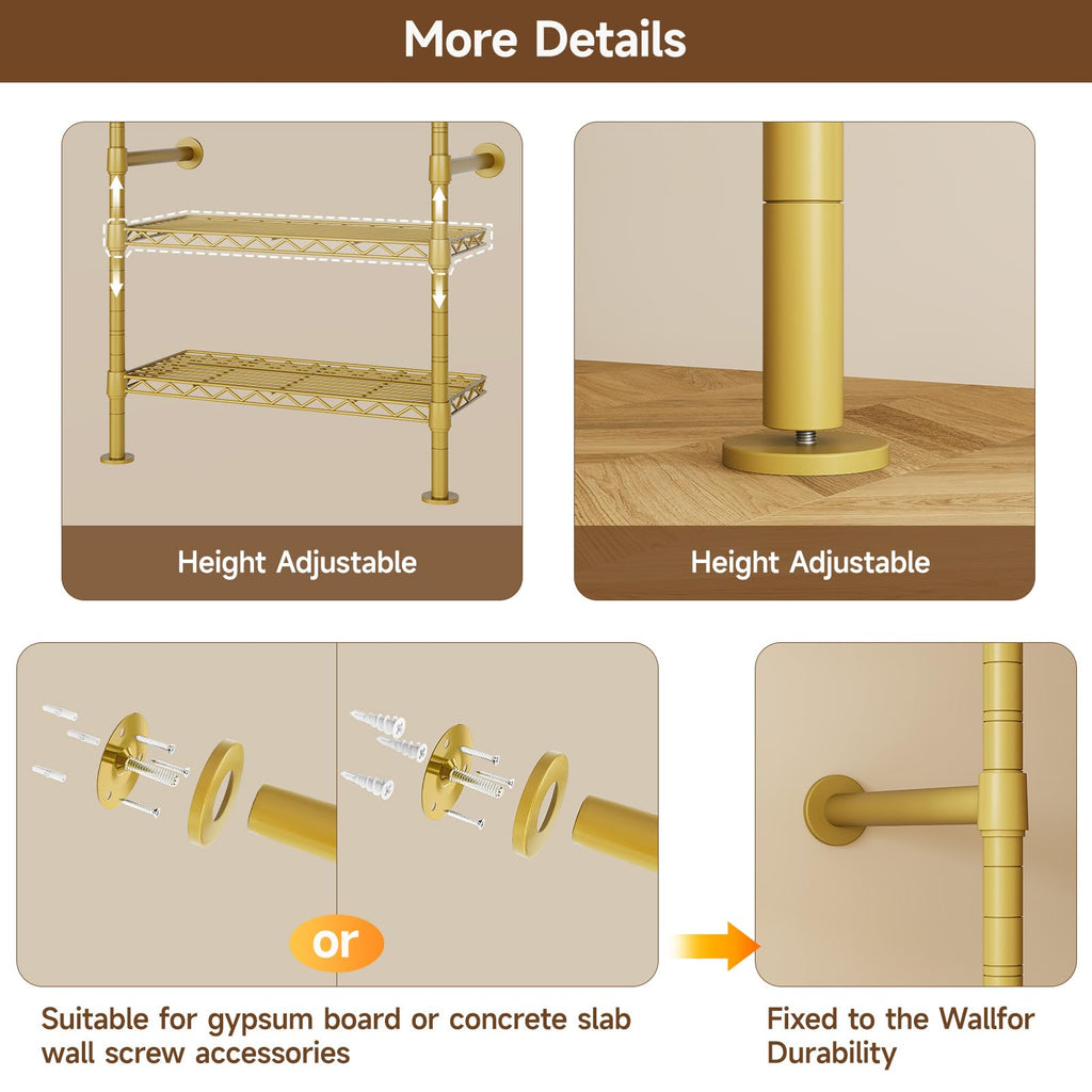 H5 Wall Mounted Closet System, Industrial Pipe Clothes Rack, Gold