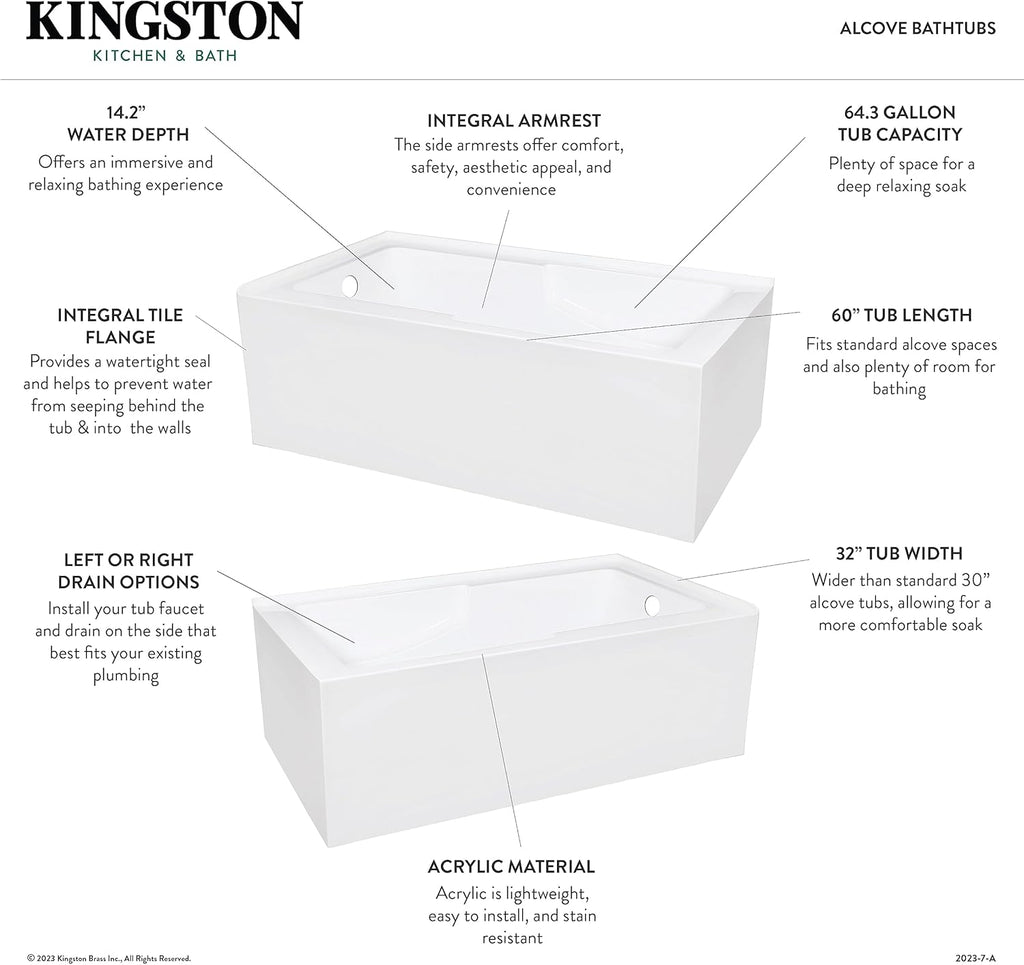VTAM6032L22S 60-Inch Acrylic 2-Wall Corner Alcove Tub with Corner Apron, Left Hand Drain Hole, White