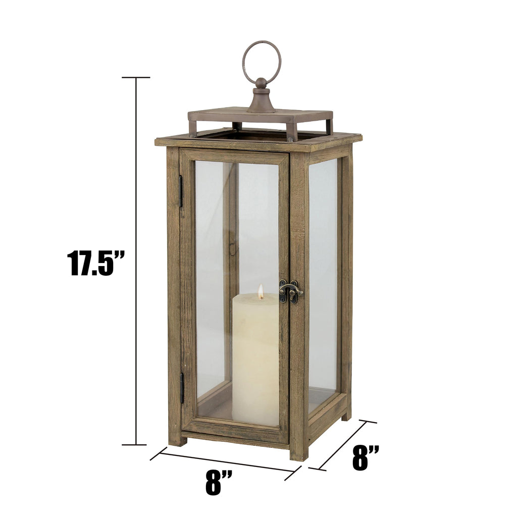 18 Inch Rustic Wooden Candle Hurricane Lantern, For Table Top, Mantle, Wall Hanging, or Garden Display, Indoor &