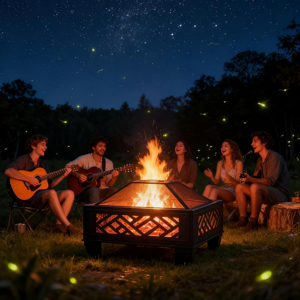 Update Version 26 Inch Wood Burning Fire Pit with Cooking Grill and Spark Screen, Outdoor Metal Firepit