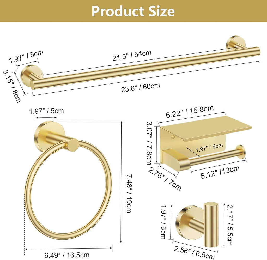 5 Piece Bathroom Hardware Set, Brushed Gold Bathroom Accessories | SUS304 Stainless Steel, 23.6" Brushed Gold Toilet