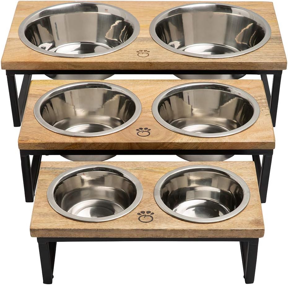 Mango Wood Dog Bowl Stand - Elevated Pet Feeder with 2 Stainless Steel Bowls - Raised Food and Water Dish Set