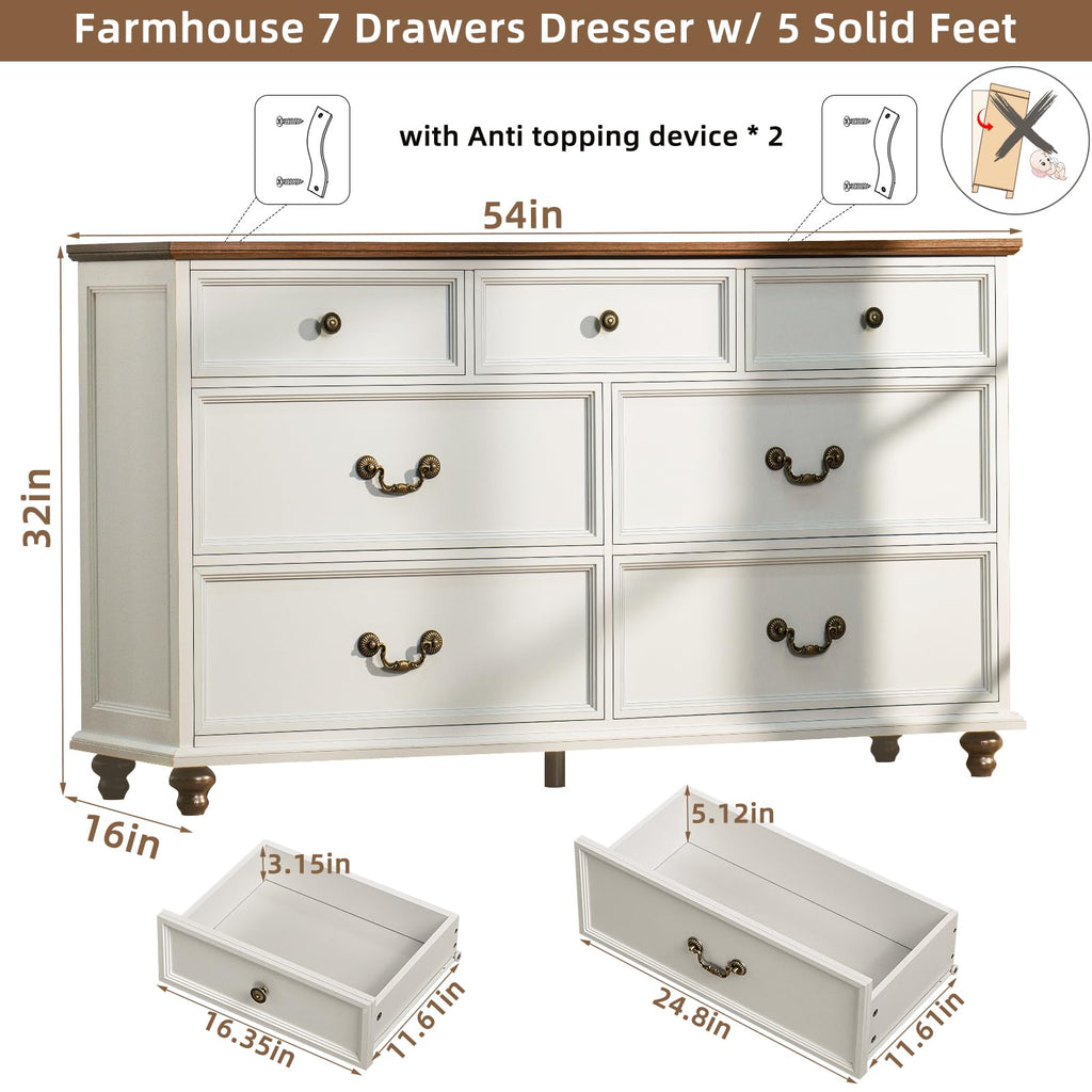 Farmhouse 54" 7 Drawers Dresser, White Wood Chest of Drawers w/ 4 Wooden Legs, Vintage Closet Storage Dressers