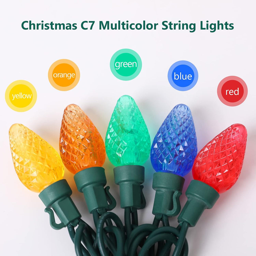 2-Set C7 Led Christmas String Lights, 25.16ft 50 LED Waterproof Decorative Light Strand, Extendable Green Wire String