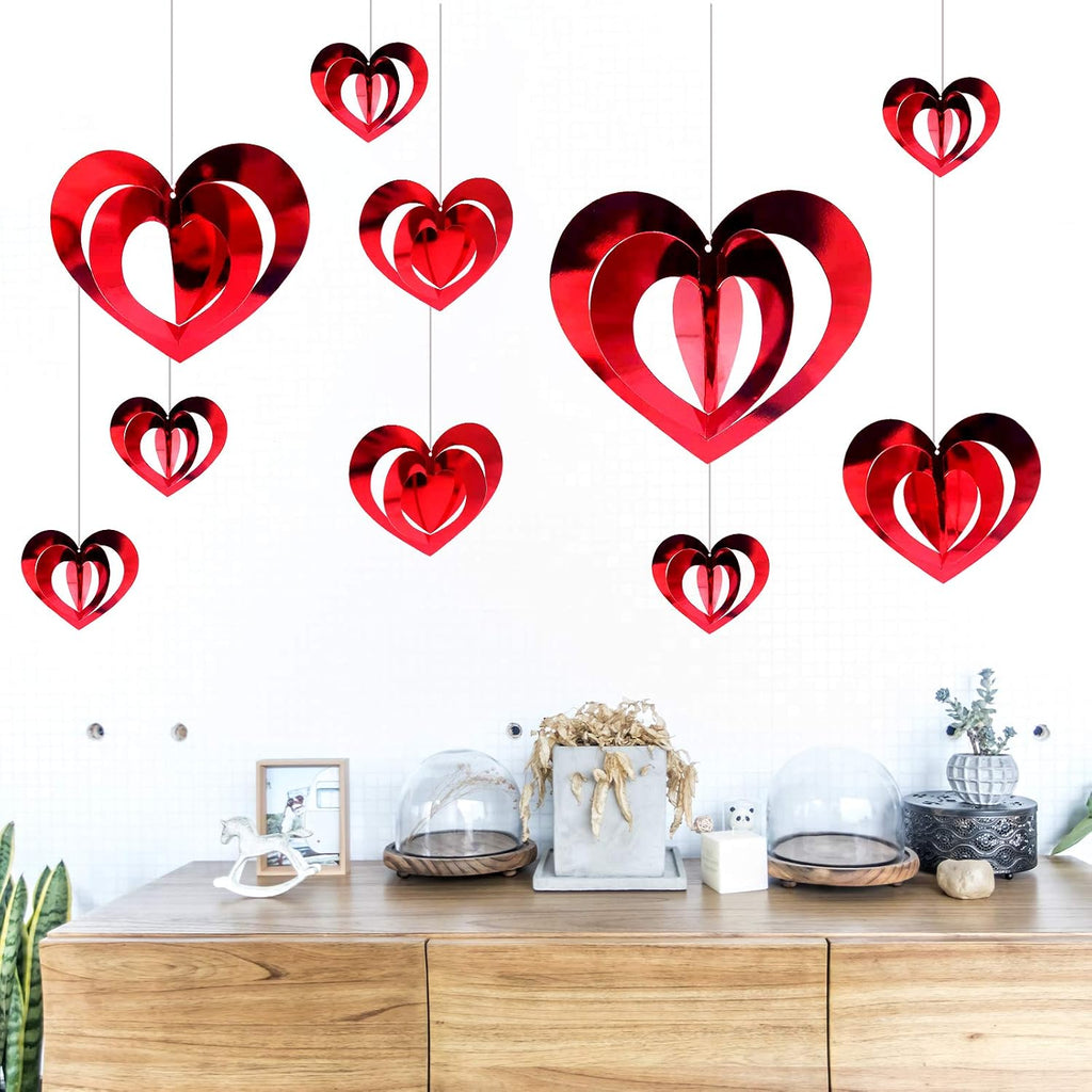 Valentine's Day Heart Hanging Foil Decorations, Swirl Red Hearts Ornaments, 3D Heart Garland Ornaments - Set of 32
