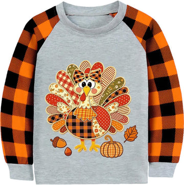 Girl Thanksgiving Shirt Turkey Thankful Orange Plaid Long Sleeve Top