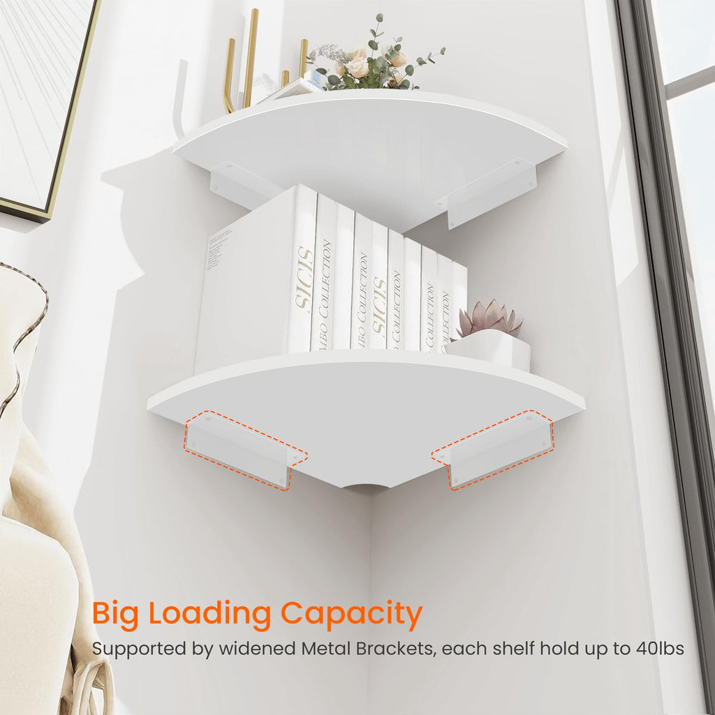 Corner Wall Shelf, 12 in Wide Rounded Corner Shelf Floating, Set of 2 Wooden Hanging Corner Shelves with Wire Hole