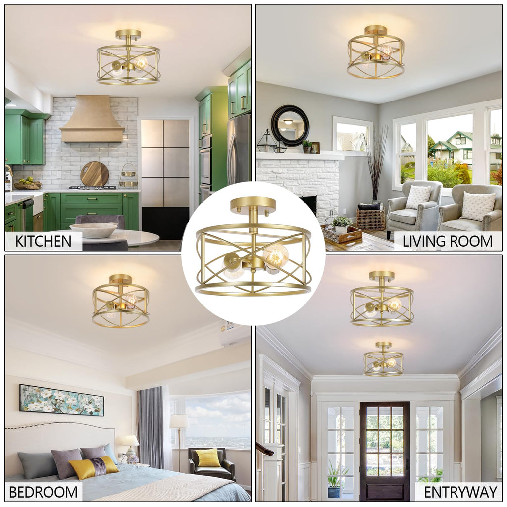 2-Light Semi Flush Mount Matte Gold Ceiling Light Fixture, Farmhouse Industrial Metal Cage with Adjustable Height