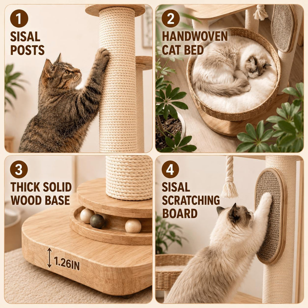 Solid Wood Cat Tree for Large Cats, Modern Tall Cat Tower(49.6In)
