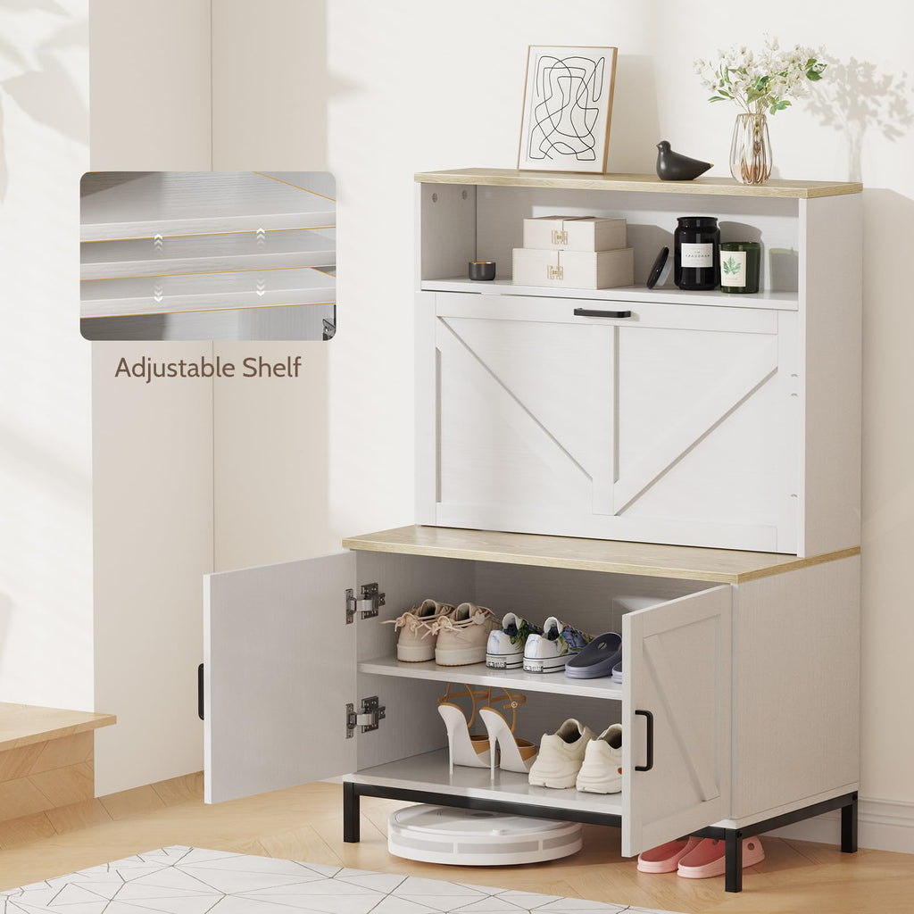 Wooden Shoe Cabinet with Flip Drawer and Doors, Narrow Shoe Rack Organizer Cabinet for Classified Storage, Farmhouse