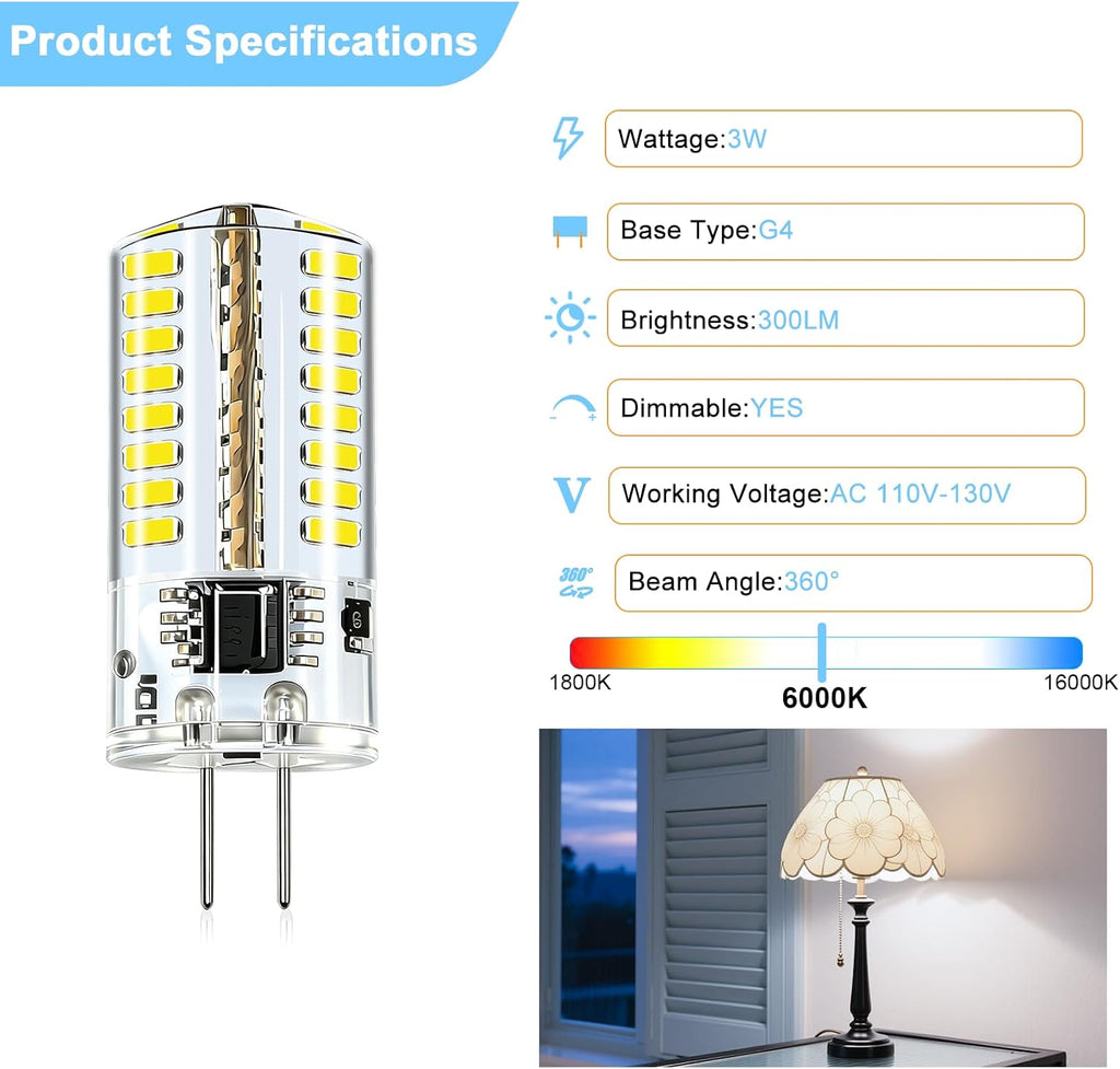 AC 110V-130V G4 LED Bulb Dimmable 3W 6000K 20W-30W Halogen Equivalent